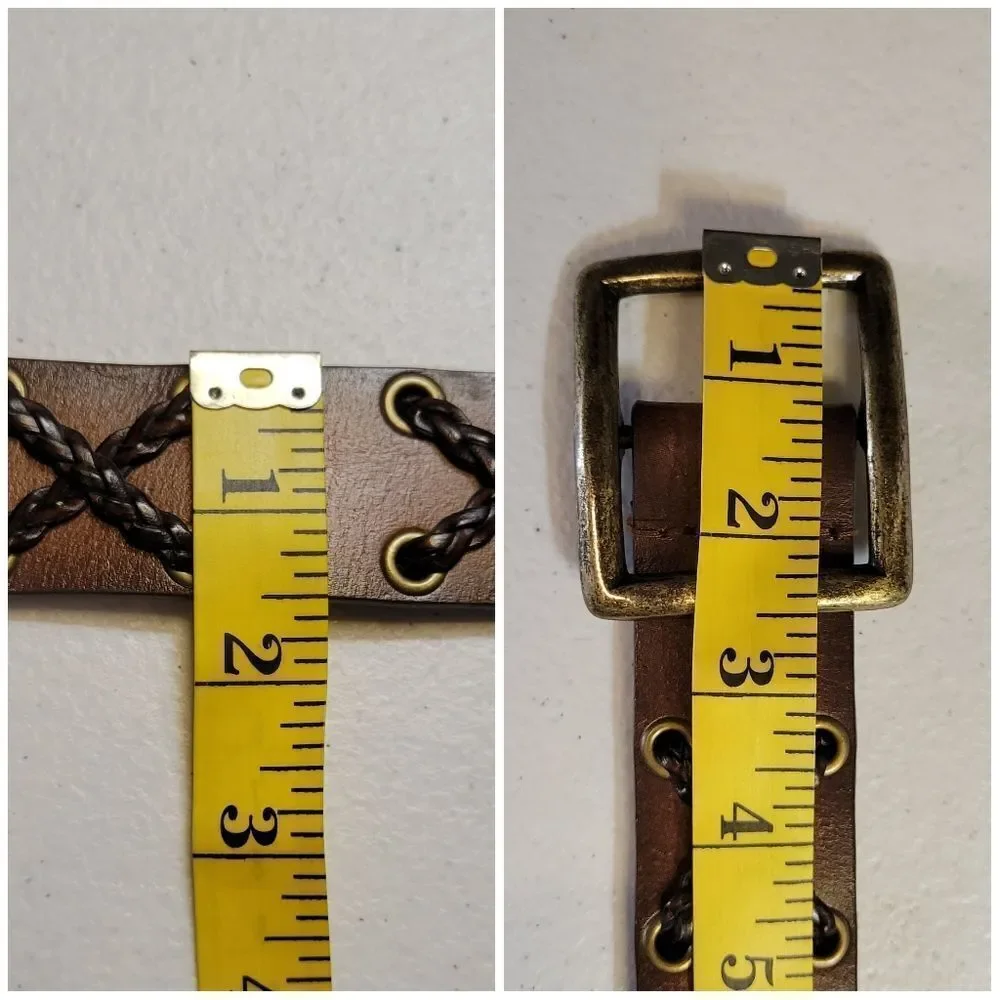 Brown Bonded Leather Belt with Brass Buckle Braided X Design Western